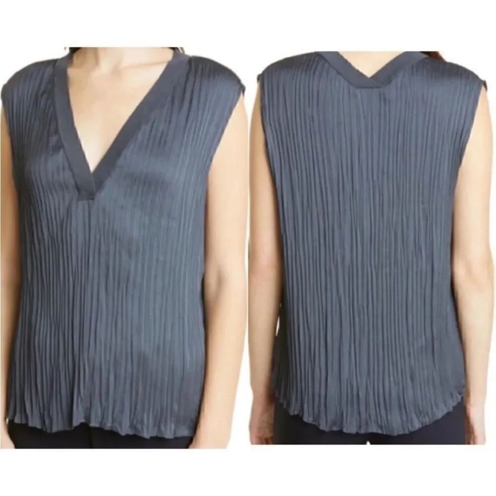 Vince NWT Crushed Double V-Neck Satin Blouse in Tide Pool Size L MSRP $295